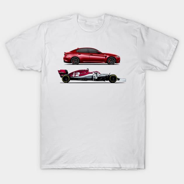 Alfa Romeo Giulia QV & F1 Car T-Shirt by Woreth